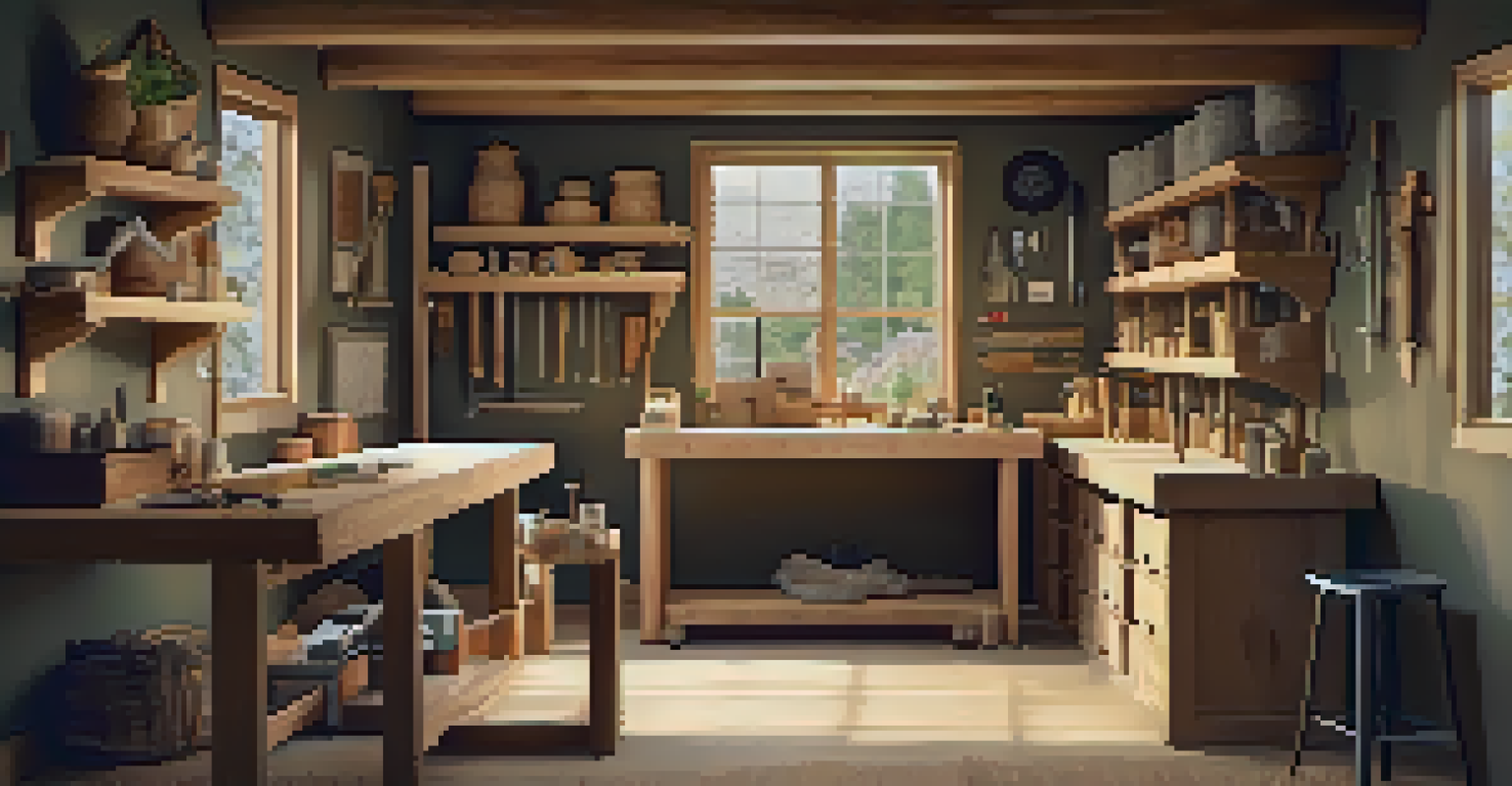 A serene woodworking space with a clean workbench and tools, emphasizing safety.