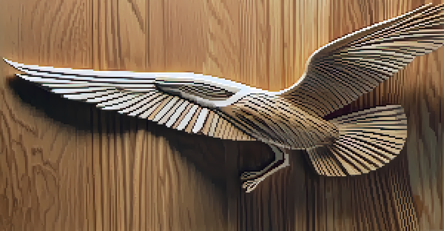 Close-up of a carved wooden bird sculpture, emphasizing intricate details and smooth textures with warm lighting.