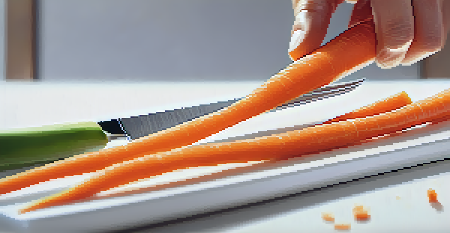 A close-up of a hand cutting a carrot into julienne pieces with a sharp knife on a white cutting board.