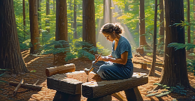 An artisan in a forest carving wood, surrounded by tools and wood shavings, with sunlight filtering through the leaves.