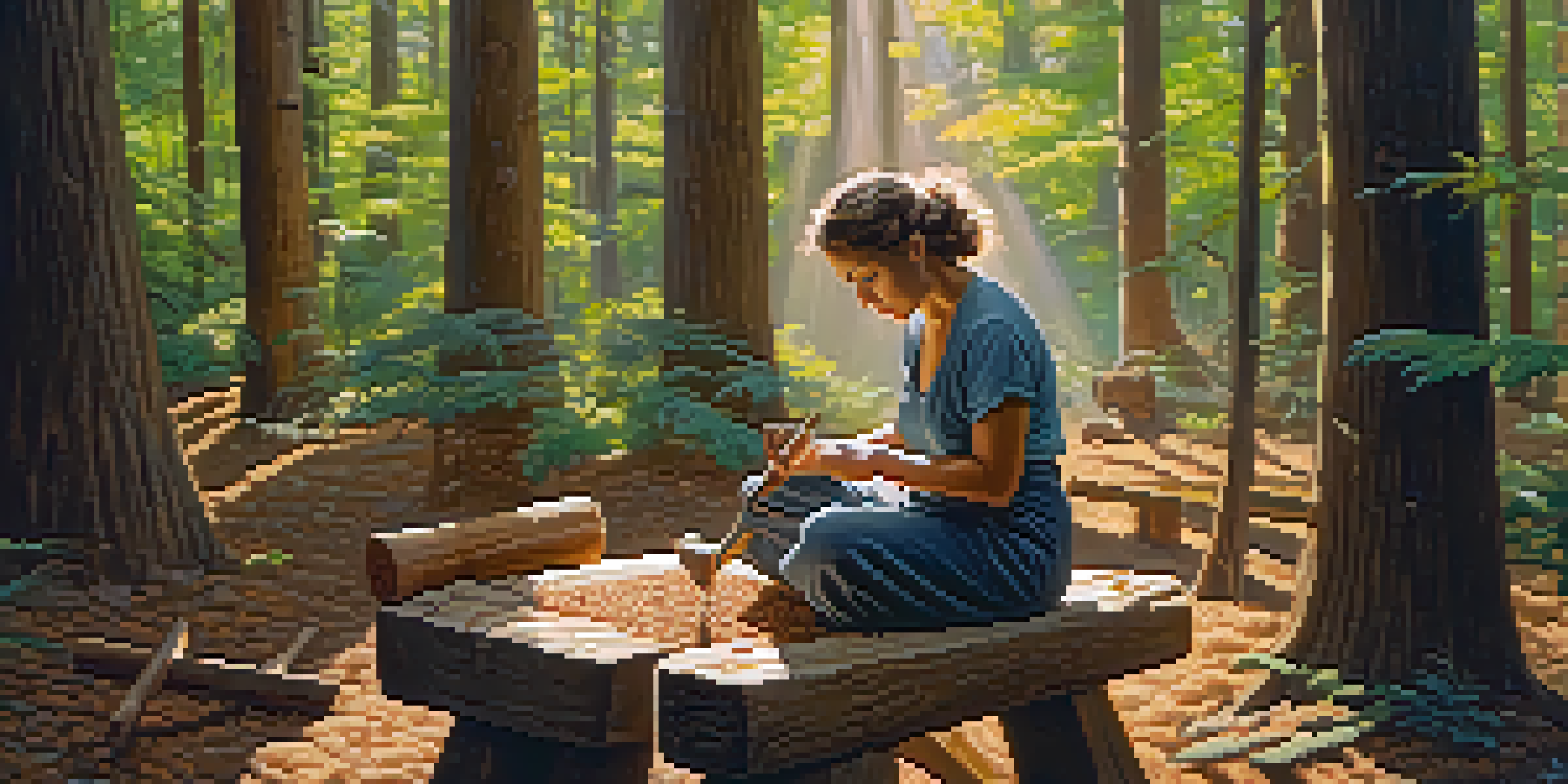 An artisan in a forest carving wood, surrounded by tools and wood shavings, with sunlight filtering through the leaves.