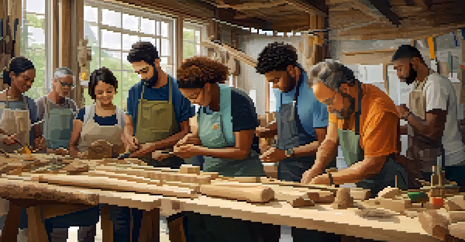 A community workshop with artisans learning sustainable carving techniques, surrounded by tools and reclaimed materials, promoting eco-friendly practices.