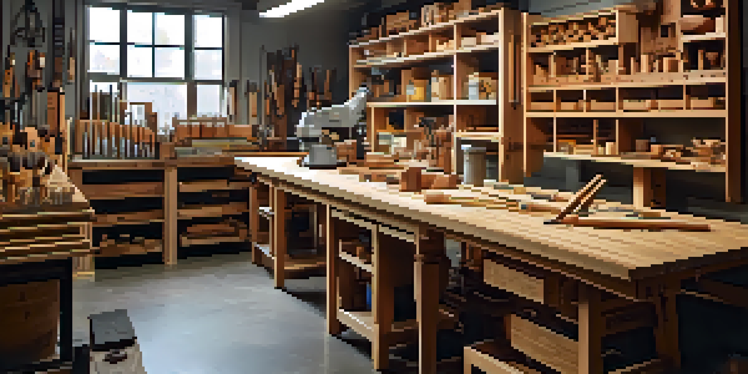 A bright woodworking workspace with a clean workbench displaying neatly arranged carving tools and wooden pieces, highlighting safety in crafting.