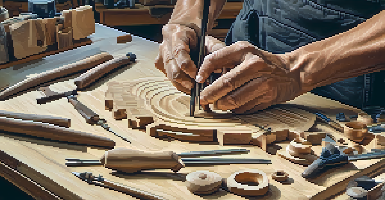 Close-up of hands blending traditional carving techniques with modern tools, working on a hybrid art piece in a well-equipped workshop.