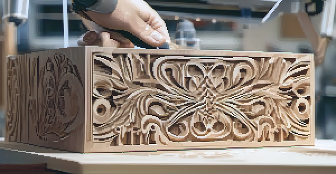 A CNC machine carving intricate patterns into a wooden block, with tools and materials in the background.