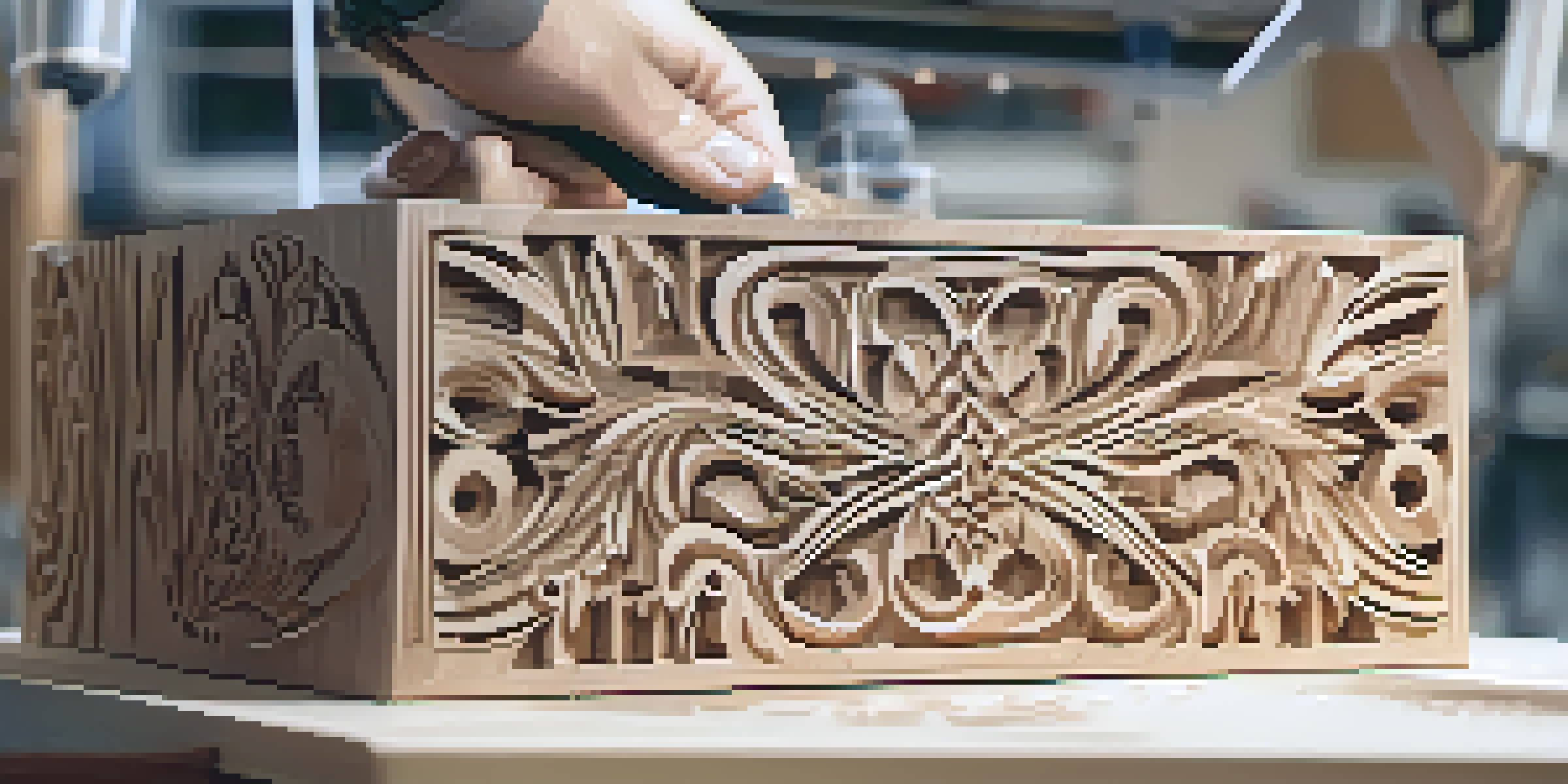 A CNC machine carving intricate patterns into a wooden block, with tools and materials in the background.