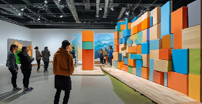 A lively art exhibit where people are carving into colorful wooden blocks with digital tools, surrounded by bright projections and natural light.
