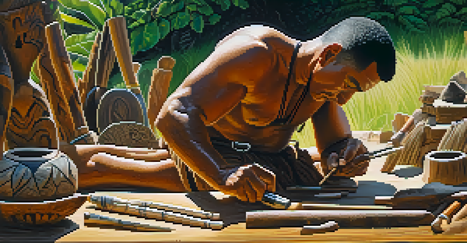 A Maori carver working outdoors with traditional tools, surrounded by finished wood carvings and lush greenery.