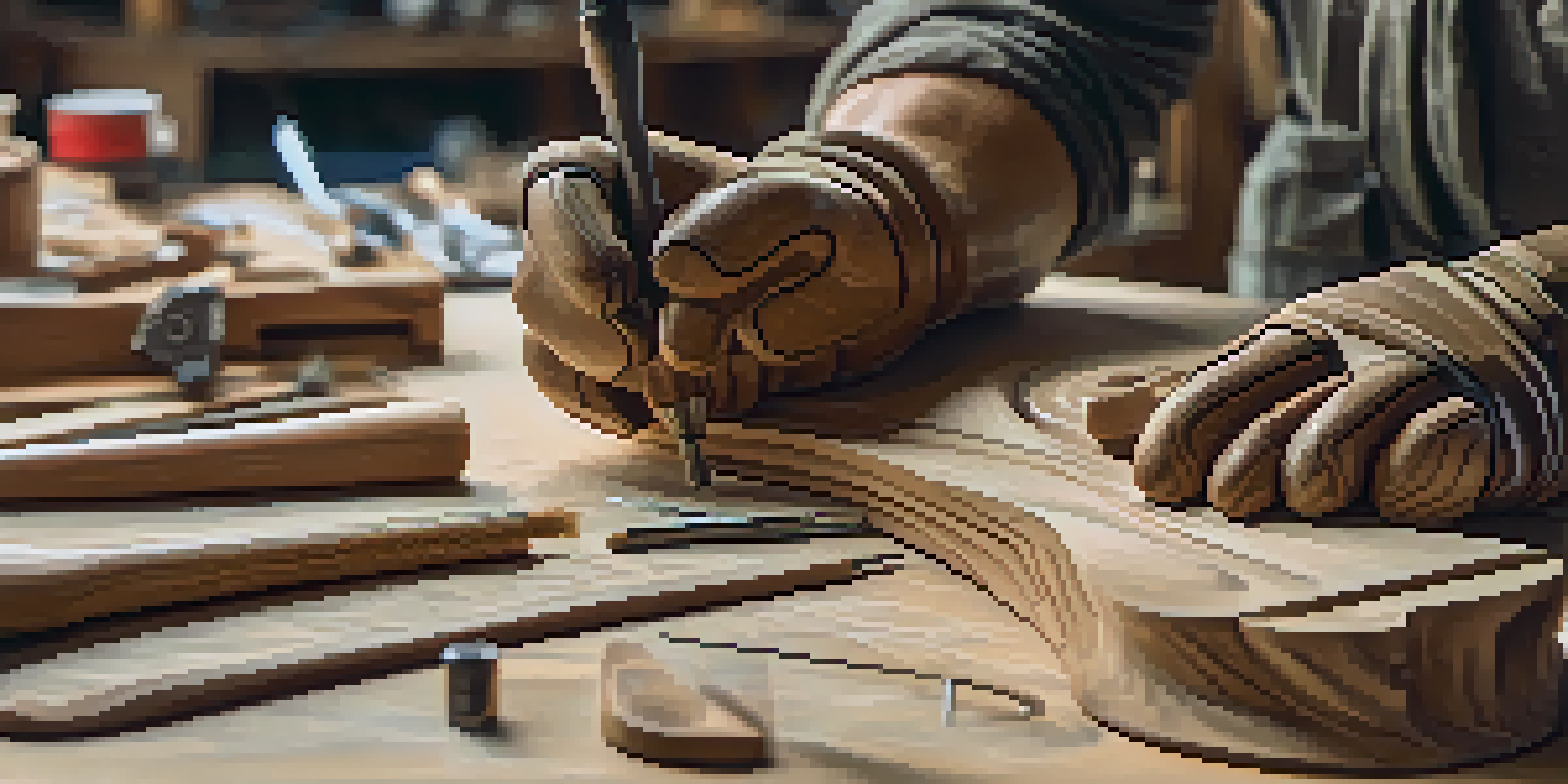 A sculptor's hands carving a wooden sculpture with power tools in a well-lit workspace.