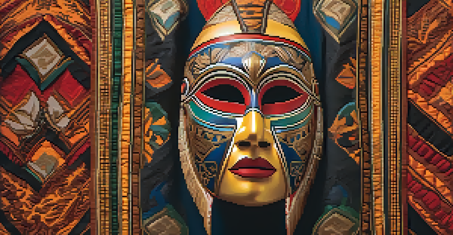 A ceremonial mask with intricate carvings displayed against colorful fabrics, showcasing detailed animal motifs and warm lighting.