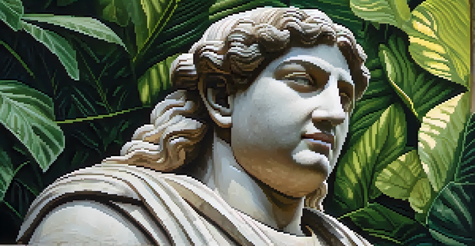 A detailed close-up of an ancient stone carving of a historical figure surrounded by greenery and soft sunlight.