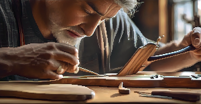 A close-up of an artisan carefully carving a wooden violin with detailed tools and soft lighting.