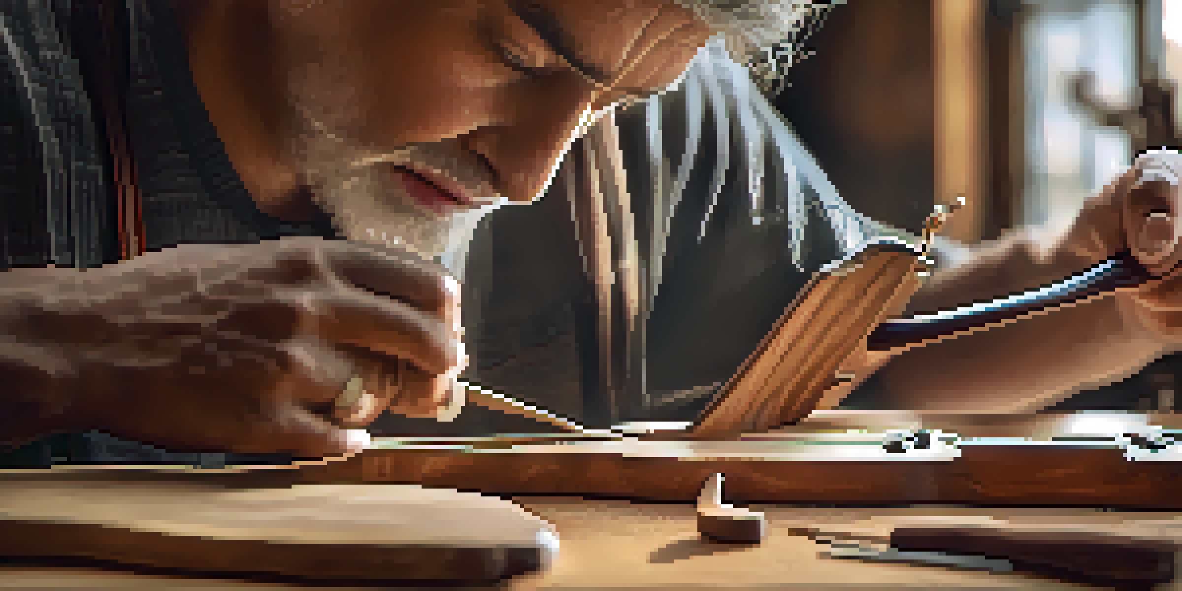 A close-up of an artisan carefully carving a wooden violin with detailed tools and soft lighting.