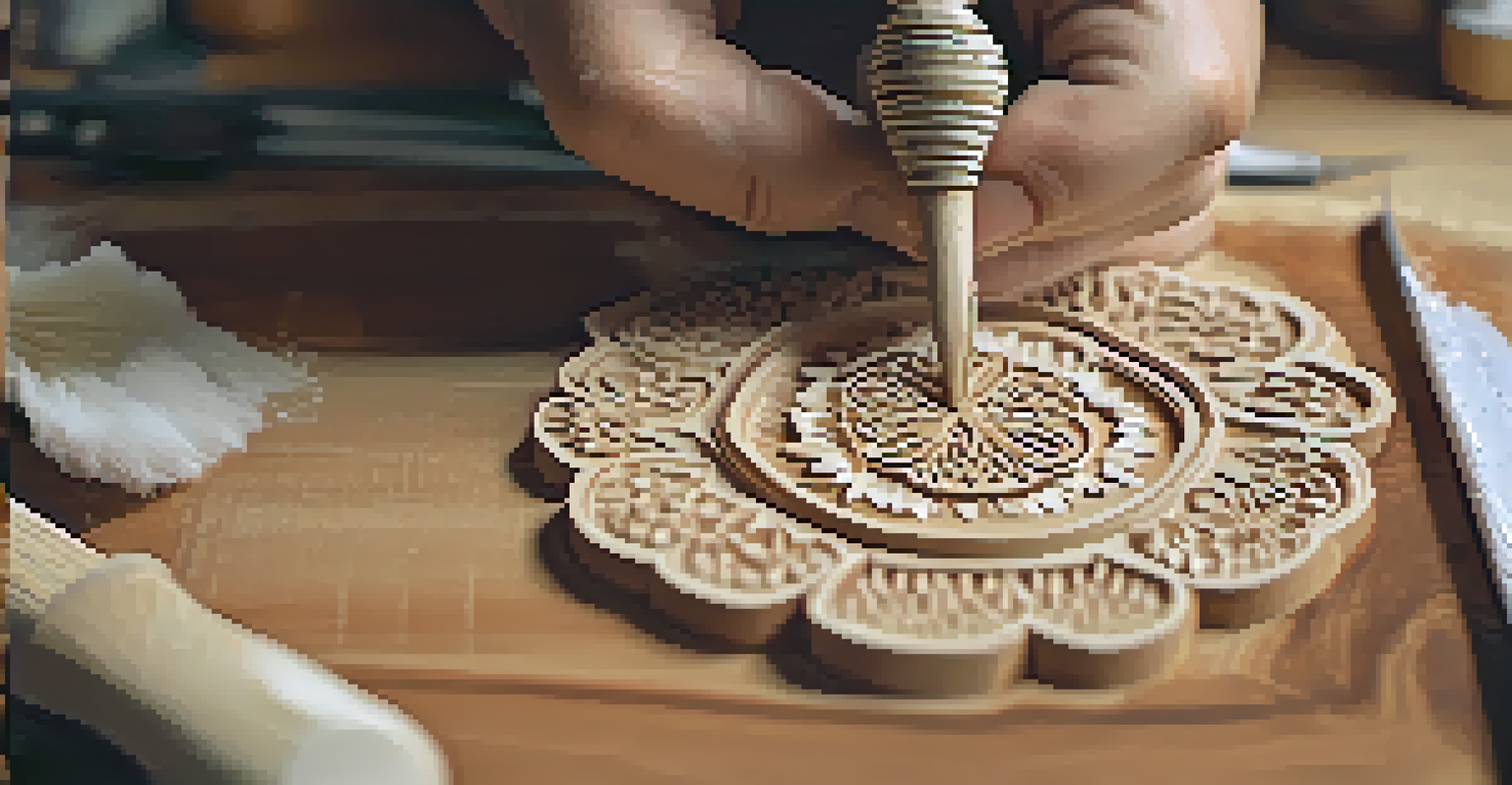 A craftsman chip carving a decorative element, with a close-up on hands and wood texture.