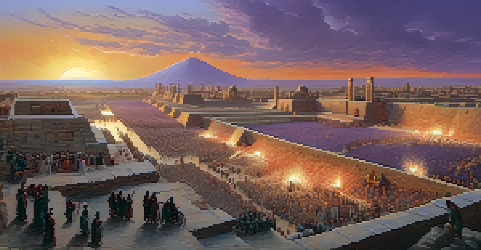 A panoramic view of an ancient Mesopotamian city at sunset, with ziggurats and people in the market.