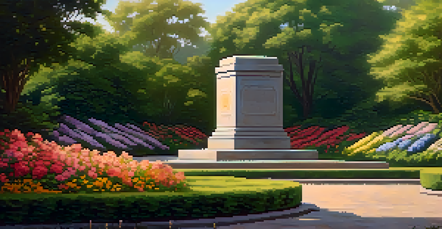 A large stone monument in a green park, surrounded by flowers, glowing in the soft light of the golden hour.