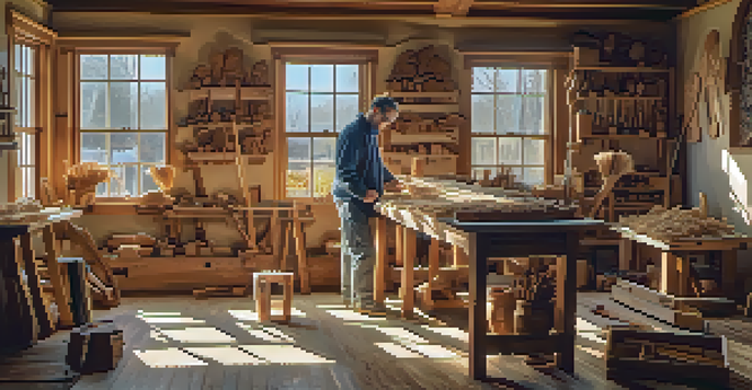 An artist in a workshop carving a wooden sculpture, with wood shavings on the floor and tools around.