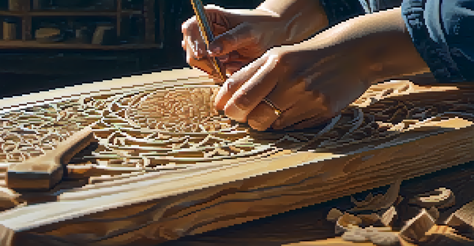 A female artist carving wood with focus, showcasing her hands and tools in a well-lit workspace.