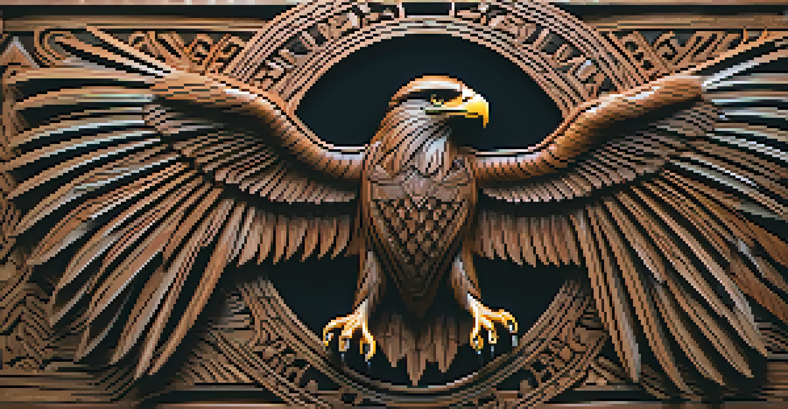 A detailed close-up of an Indigenous eagle carving, showcasing intricate patterns and rich wood grain against a dark background.