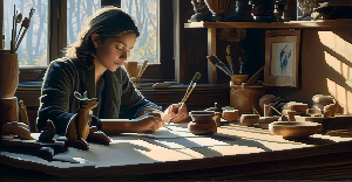 A person engaged in carving a small wooden animal at a well-lit table, surrounded by carving tools, with sunlight creating a peaceful ambiance.