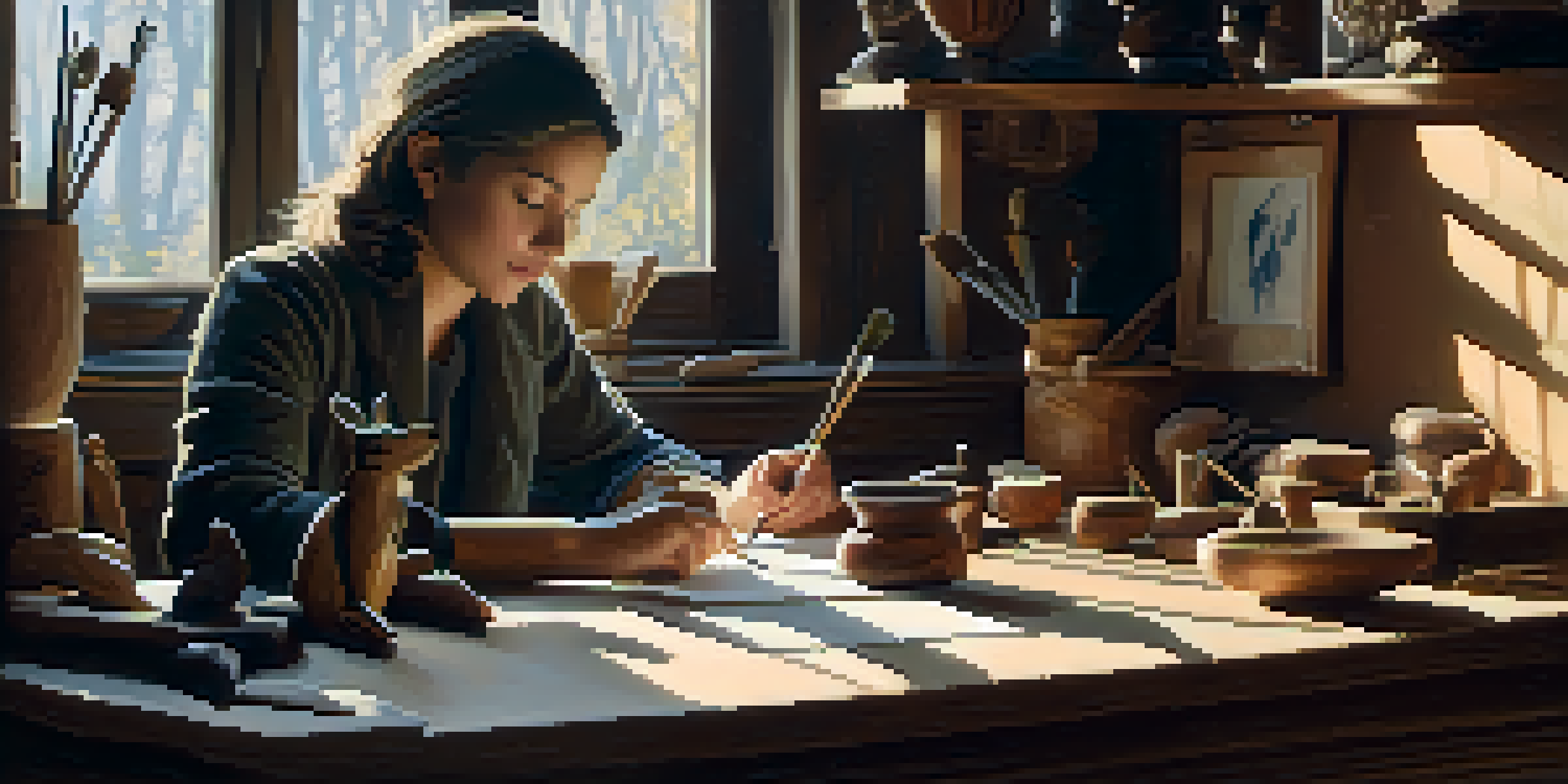 A person engaged in carving a small wooden animal at a well-lit table, surrounded by carving tools, with sunlight creating a peaceful ambiance.