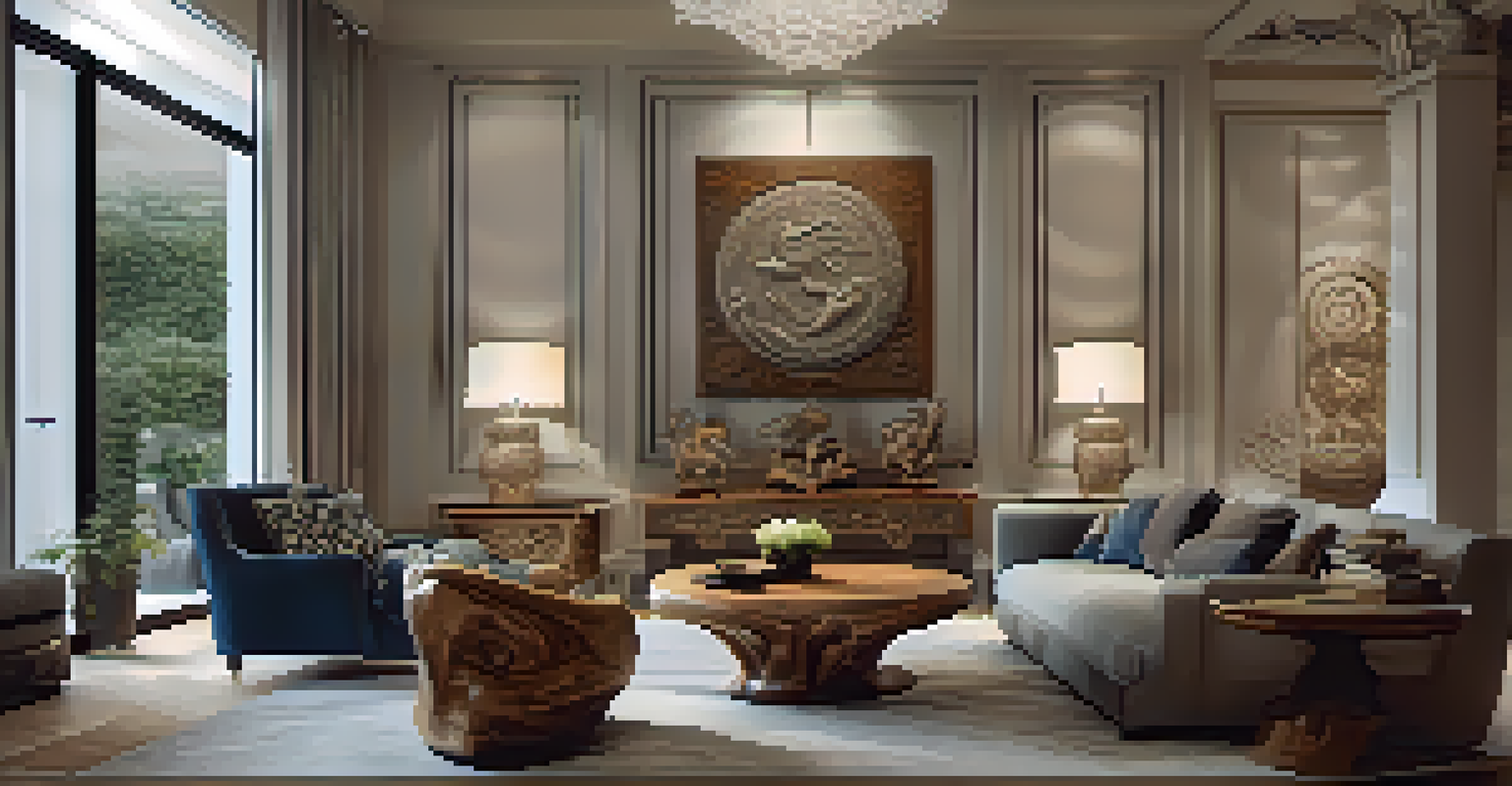 An ornate coffee table featuring mythical carvings in a modern living room setting.