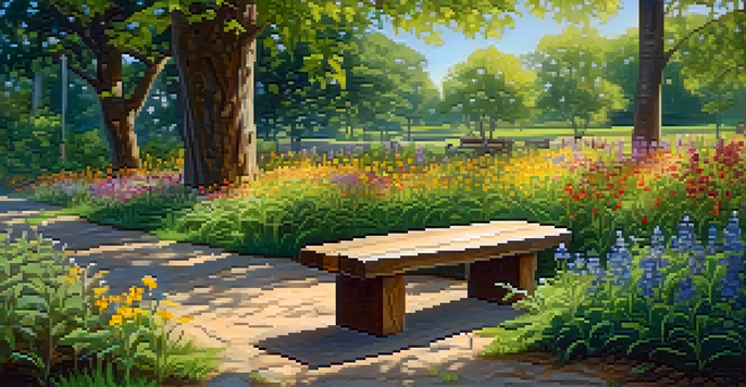 A peaceful park with a carved wooden bench surrounded by colorful wildflowers and a stone sculpture of local wildlife, illuminated by sunlight filtering through the trees.