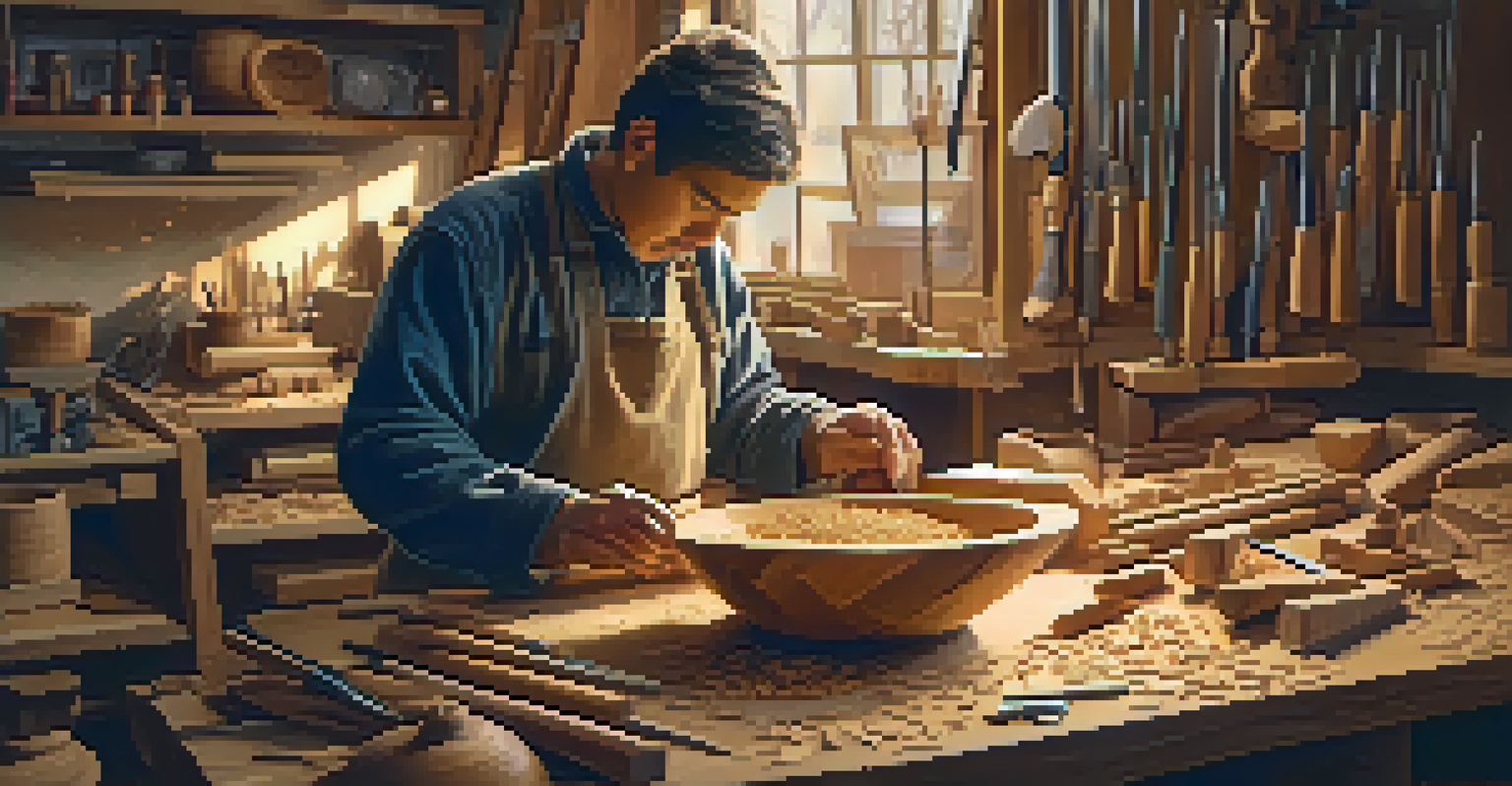 An artisan carving a cherry wood bowl, surrounded by tools and wood shavings in a warm, well-lit workshop.