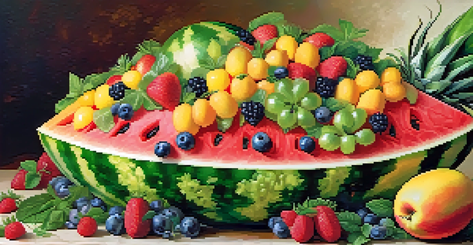 A centerpiece made of a intricately carved watermelon surrounded by colorful fruits on a decorative platter, with mint leaves for decoration.
