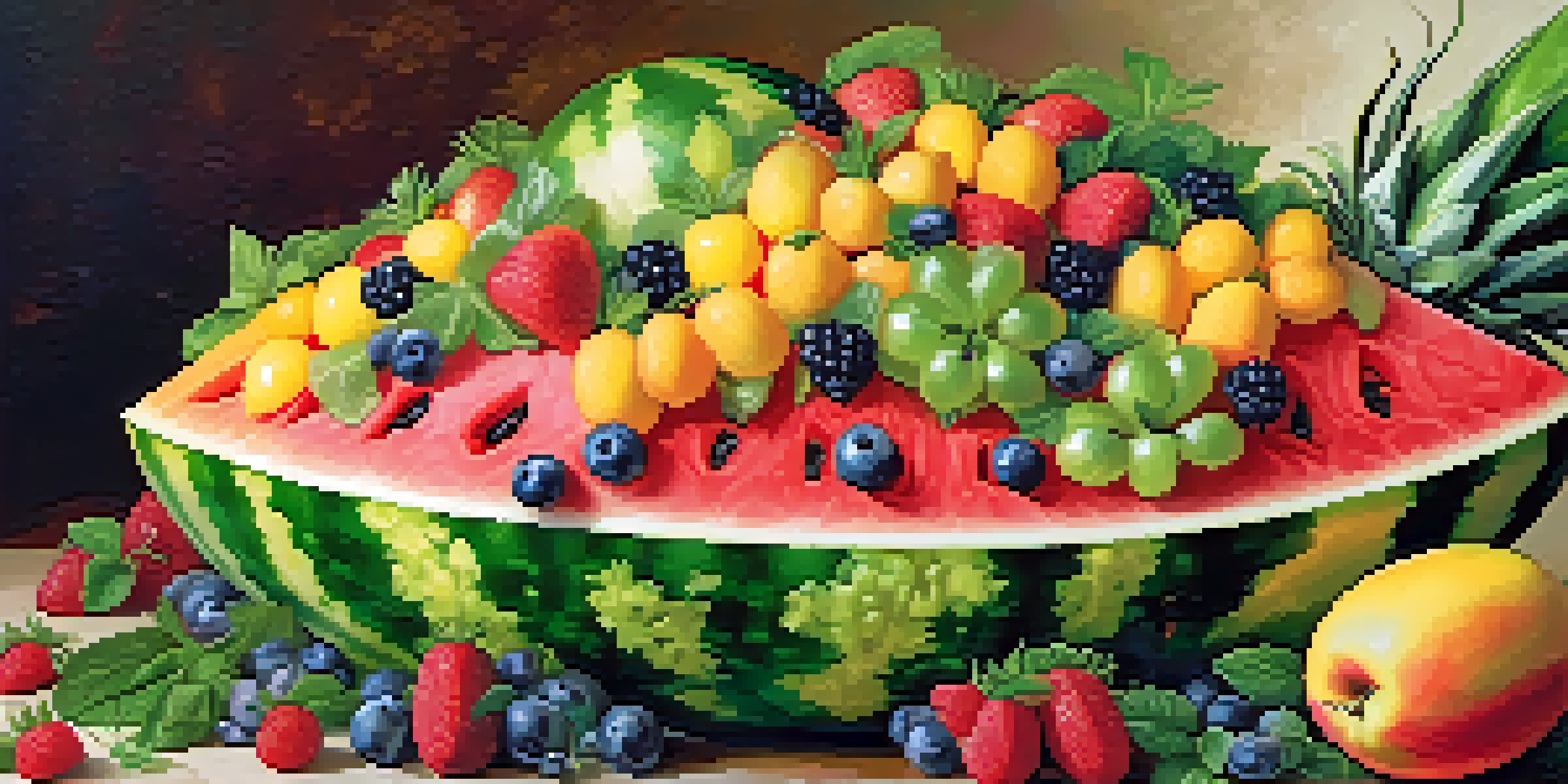 A centerpiece made of a intricately carved watermelon surrounded by colorful fruits on a decorative platter, with mint leaves for decoration.