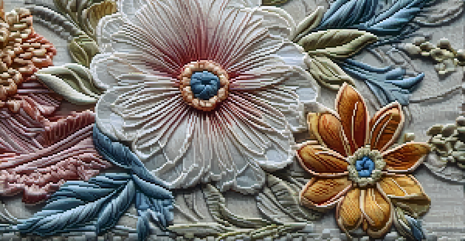 Close-up of a beautifully carved fabric piece with vibrant floral patterns and frayed edges, showcasing intricate details.