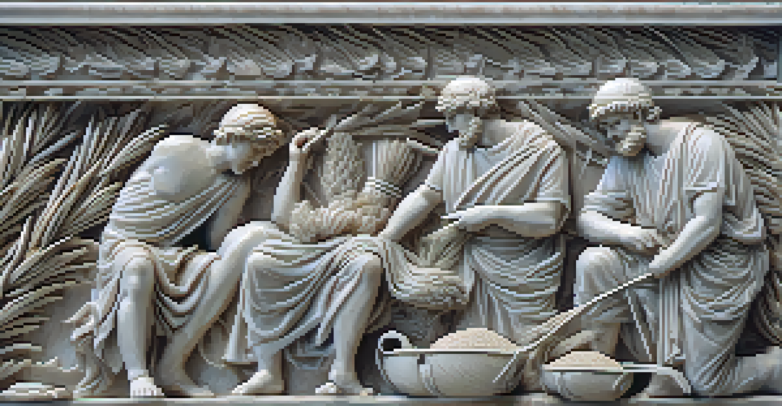 A close-up of a Greek carving showcasing farmers harvesting wheat with intricate details and textures.