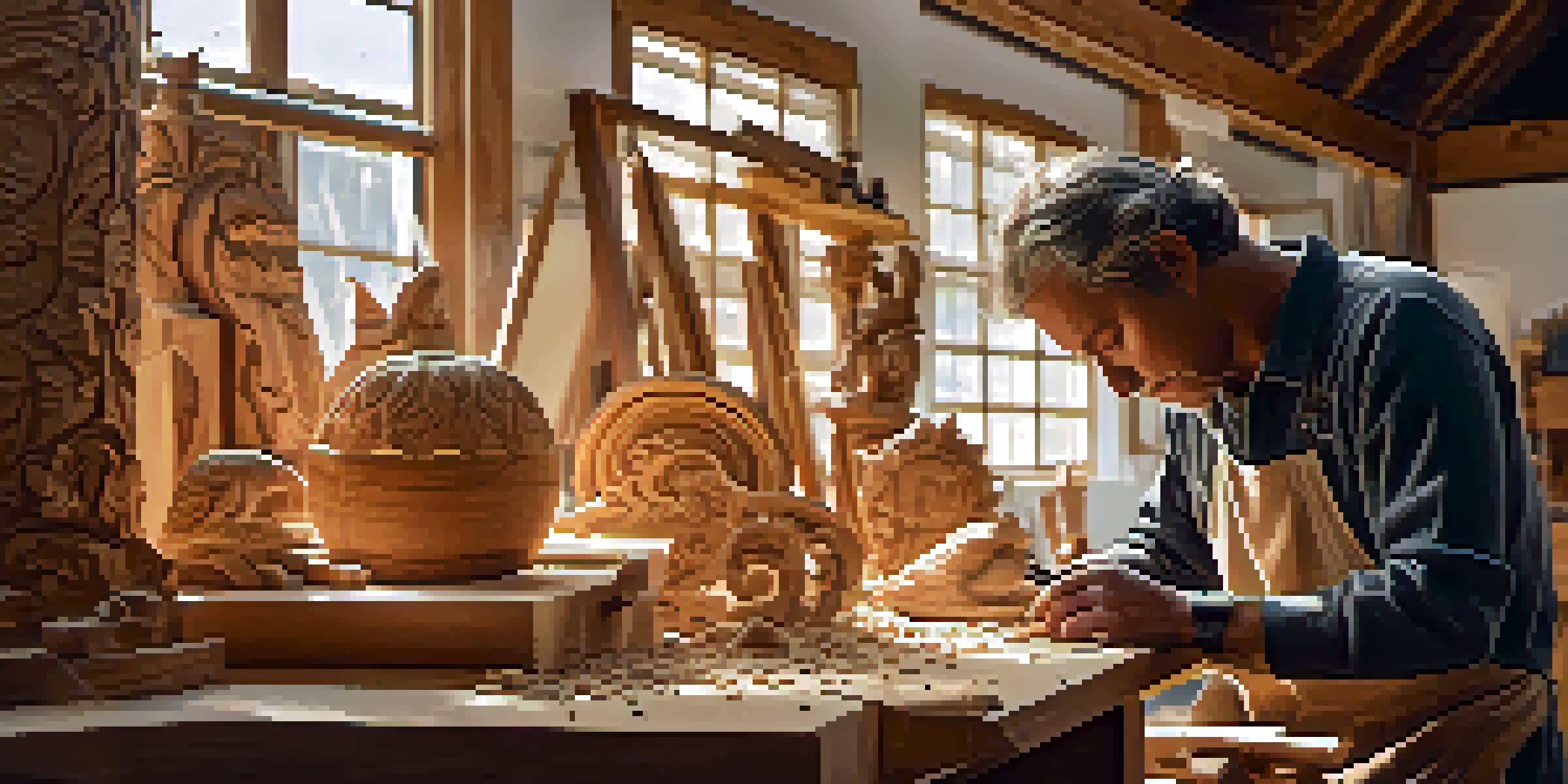 An artisan carving a wooden sculpture in a bright workshop, surrounded by tools and wood shavings.