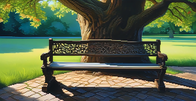 A carved wooden bench beneath an oak tree, surrounded by flowers and grass, with sunlight filtering through the leaves.