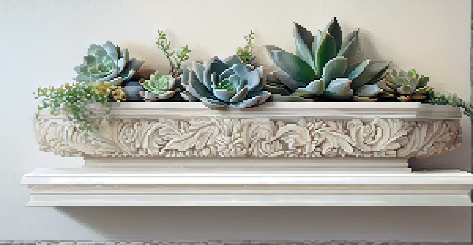 An elegant stone wall carving with a floral pattern, illuminated against an off-white wall.