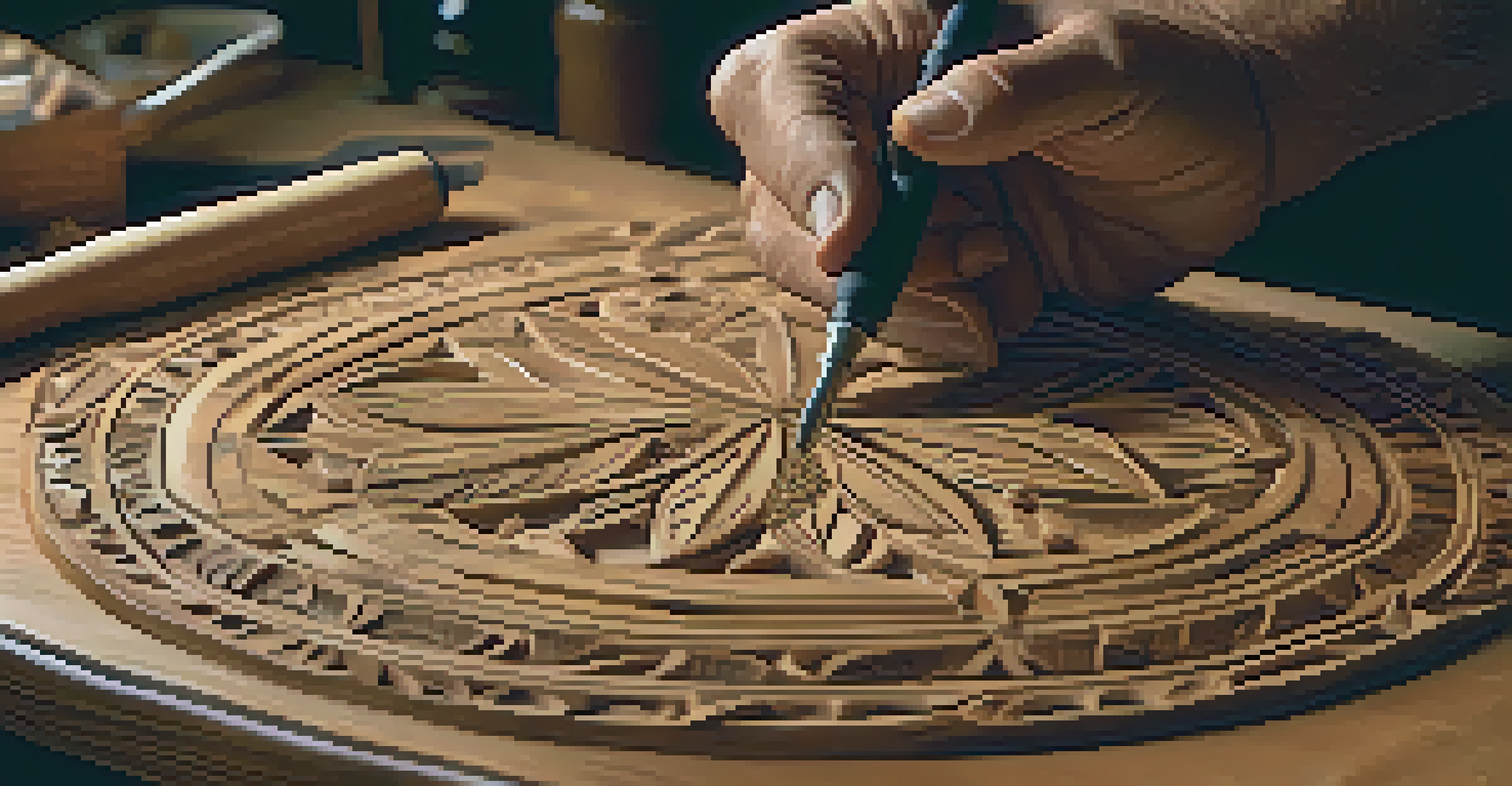 A craftsman carving intricate designs into wood, showcasing tools and wood shavings.