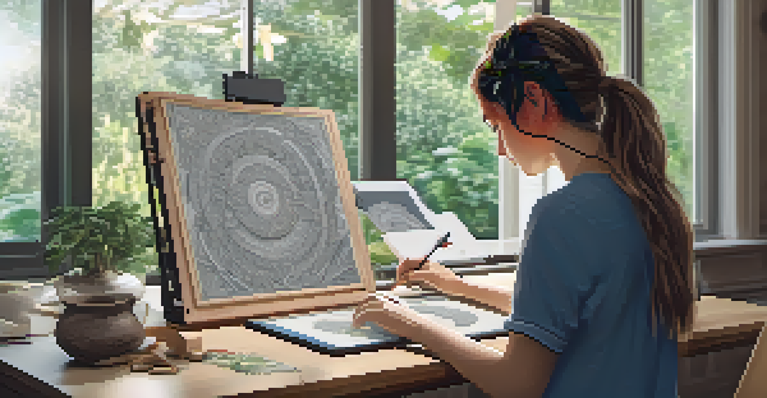 An artist sketching a carving design on a tablet in a bright workspace, surrounded by sketches and tools, with a view of a garden outside.