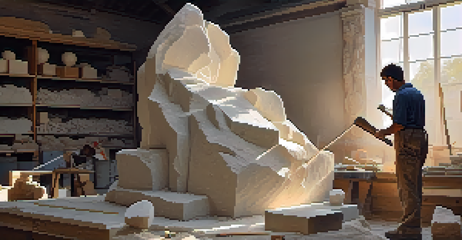 An artist chiseling a marble sculpture with chisels and hammers in a sunlit workshop.