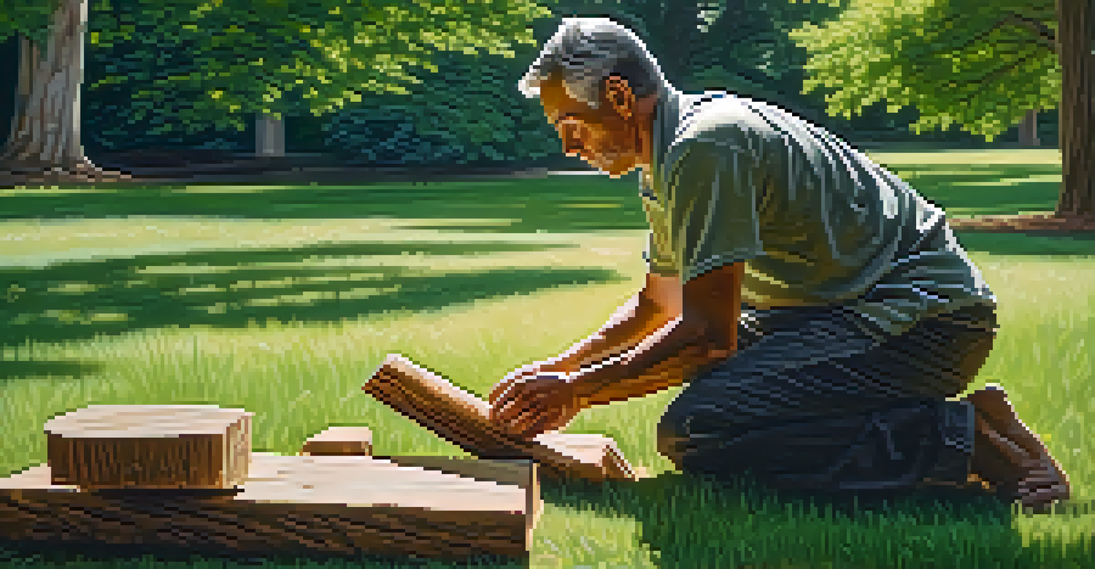 An artist carving wood outdoors in a tranquil environment, surrounded by greenery and sunlight.