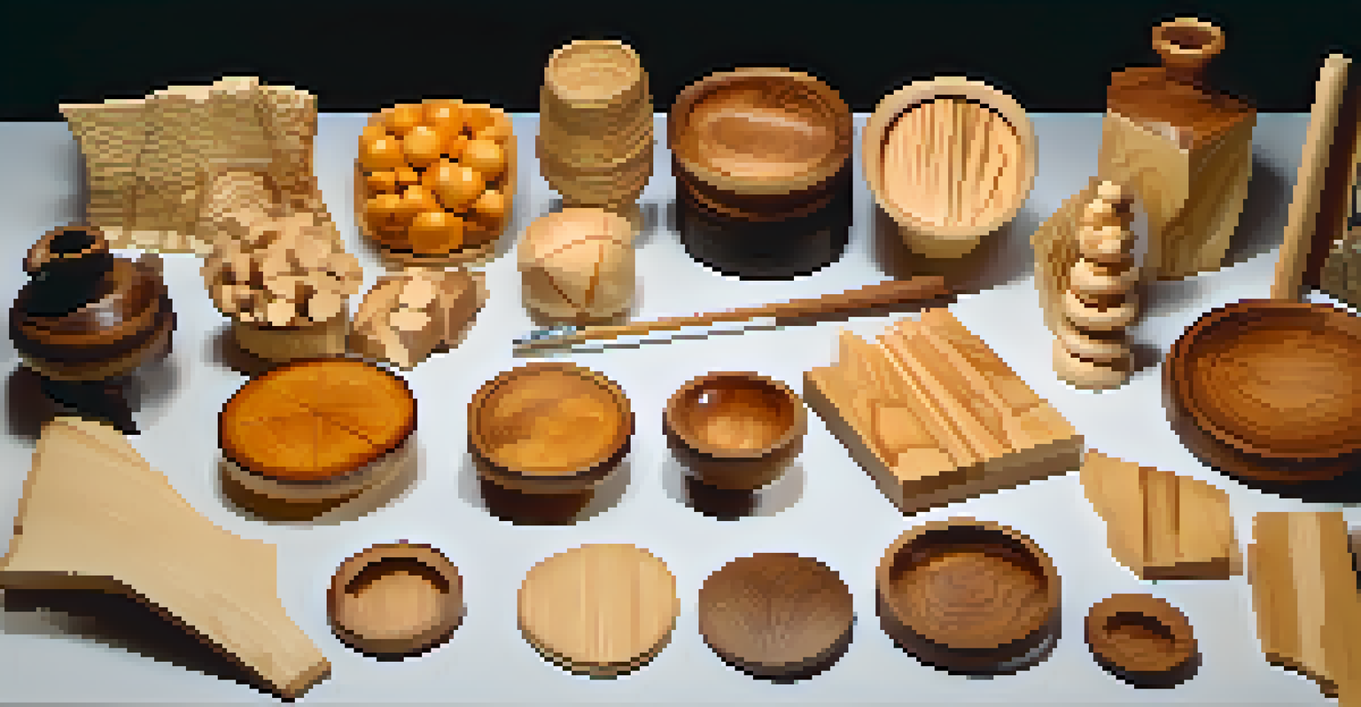 A variety of wood pieces for chip carving displayed on a table, showcasing different textures and colors under warm lighting.