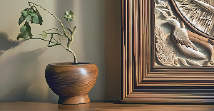 A detailed wooden sculpture with intricate carvings of flowers and animals, illuminated by sunlight in a gallery setting.