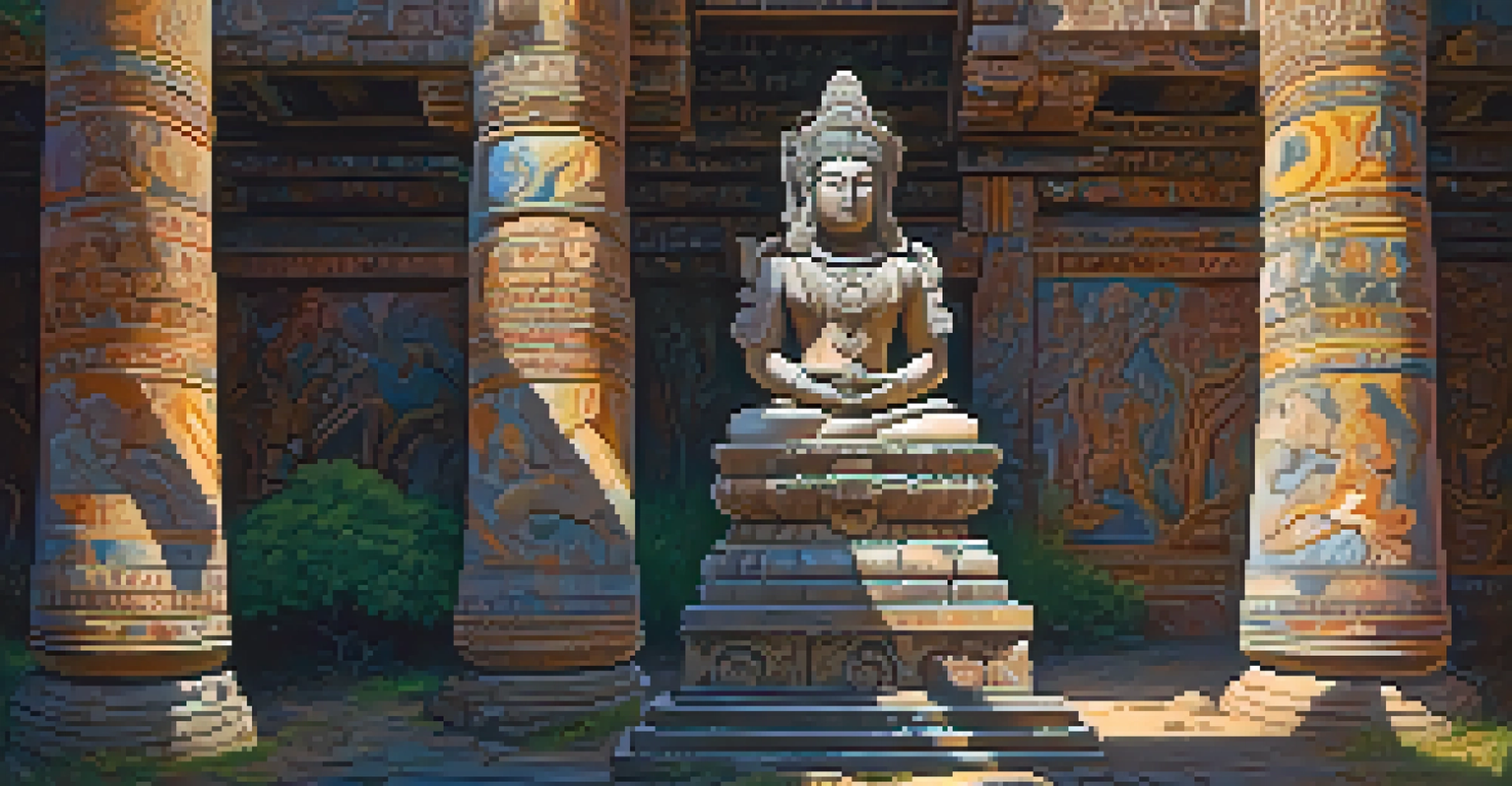 An ancient stone deity carving on a temple wall with sunlight filtering through trees.