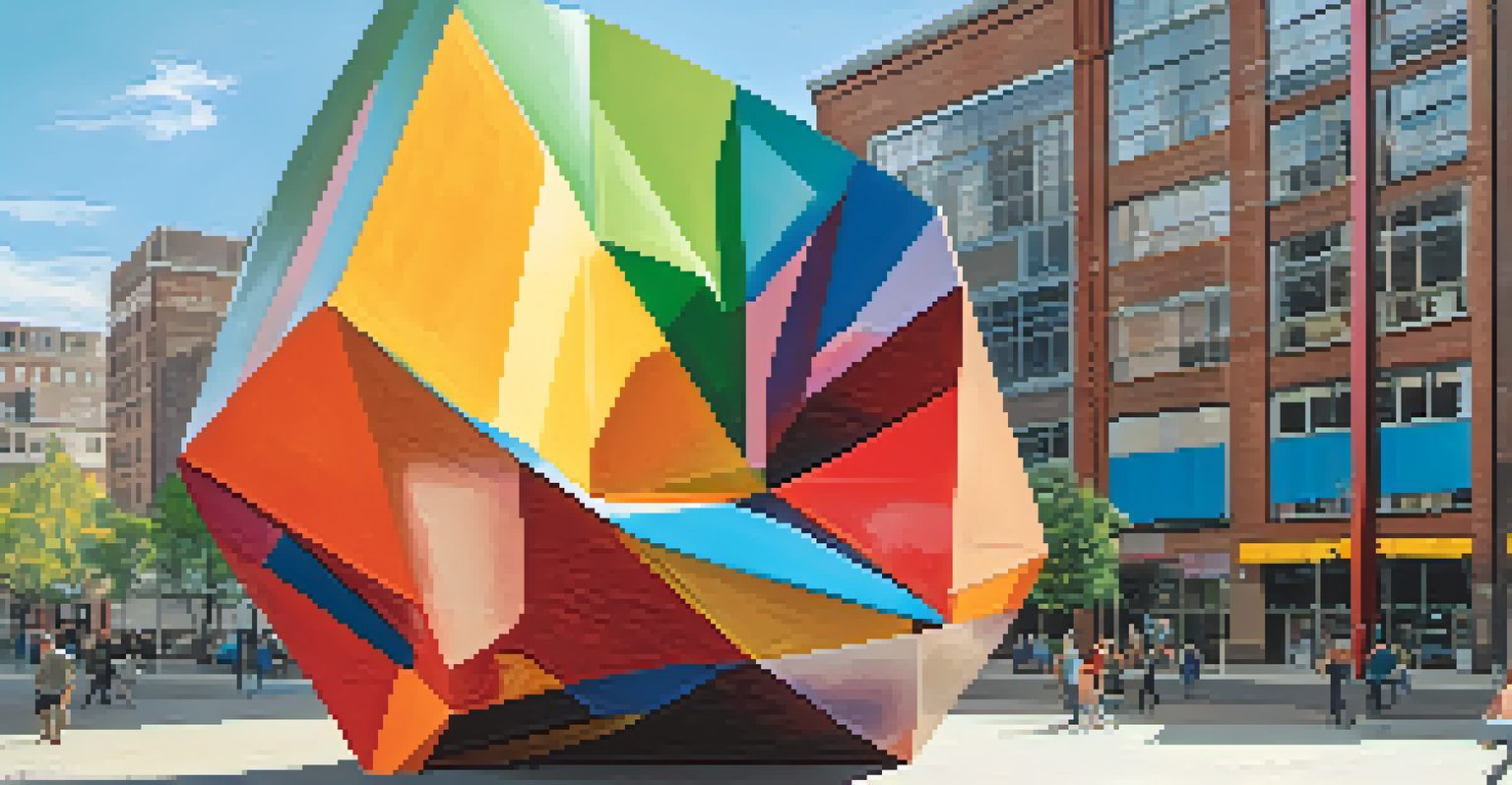 An abstract outdoor sculpture made from recycled materials in an urban setting, with people interacting with it.