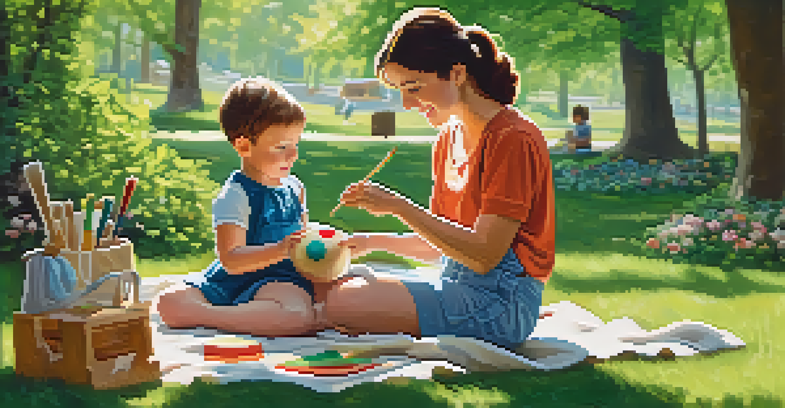 A parent supervising their child in a sunny park while engaging in creative activities, including painting and crafting, surrounded by nature.