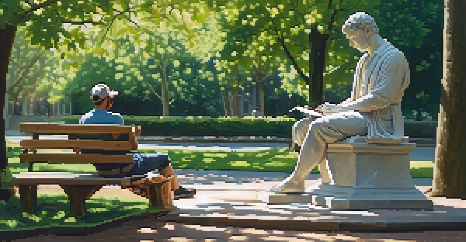 An artist sketching a statue in a park, surrounded by lush greenery and dappled sunlight.