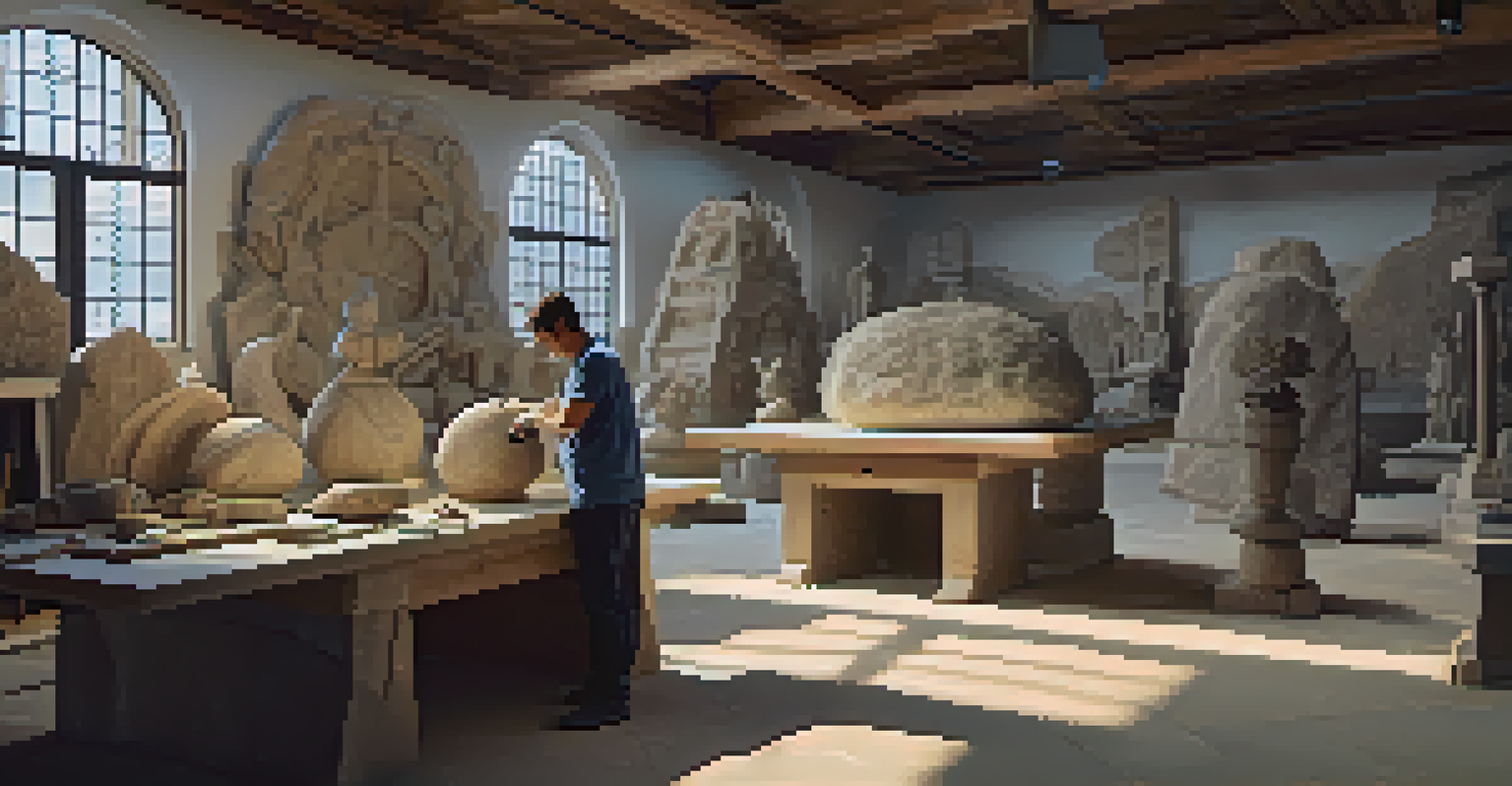 A stone carving workshop with artisans using traditional tools and digital technology side by side.