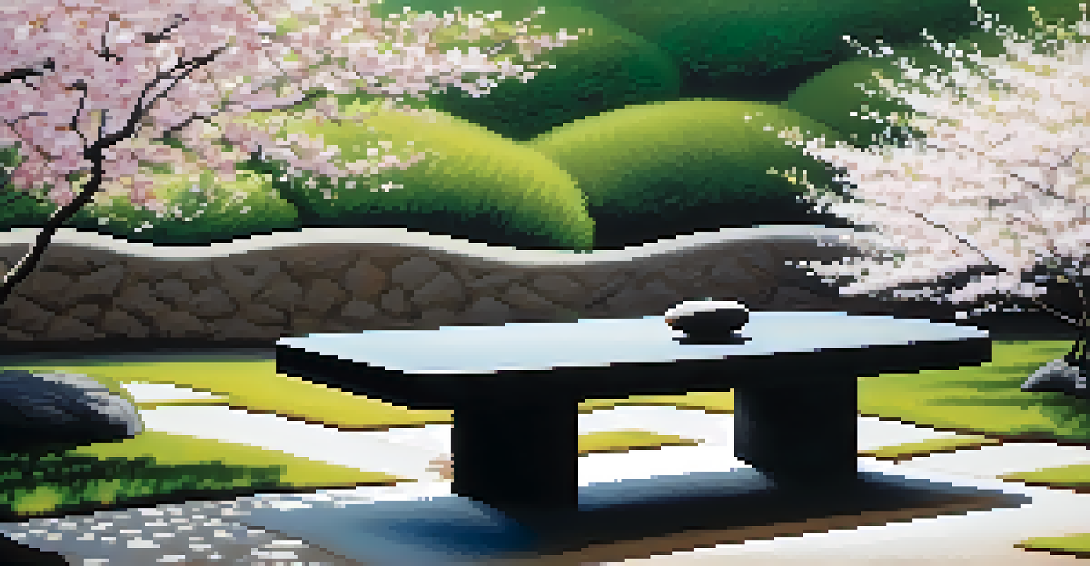 Isamu Noguchi's 'Noguchi Table' in a Japanese garden with cherry blossoms and raked gravel, illuminated by soft natural light.