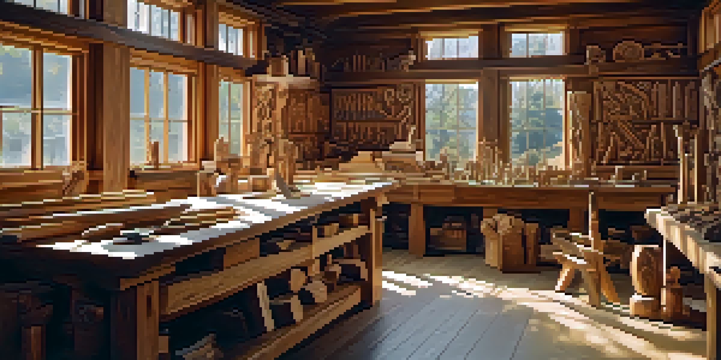 A bright woodworking workshop with intricate wood carvings on a rustic table, tools arranged on the wall, and sunlight streaming through a window.