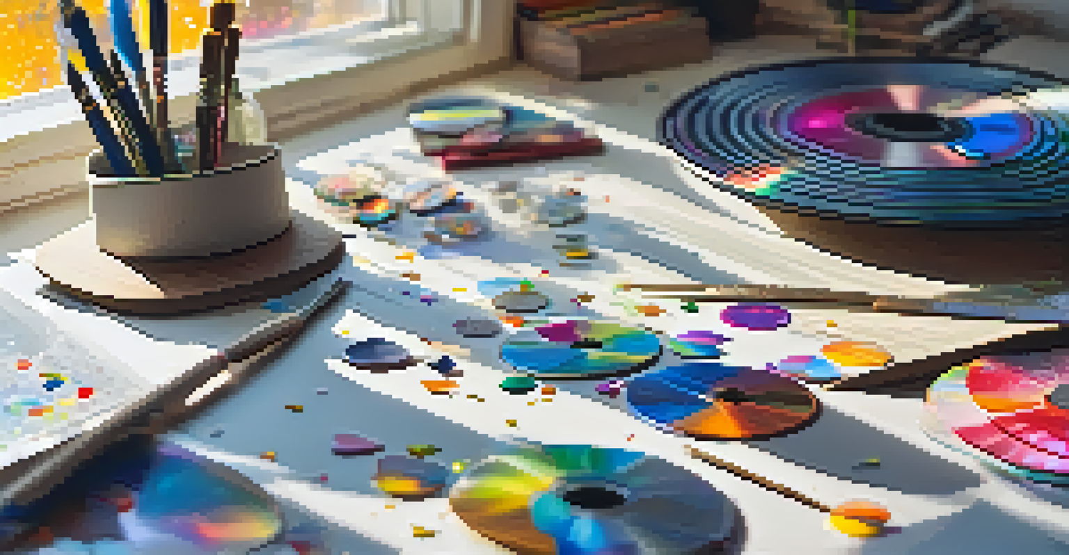A creative workspace with old CDs, crafting tools, and colorful materials scattered on a table.