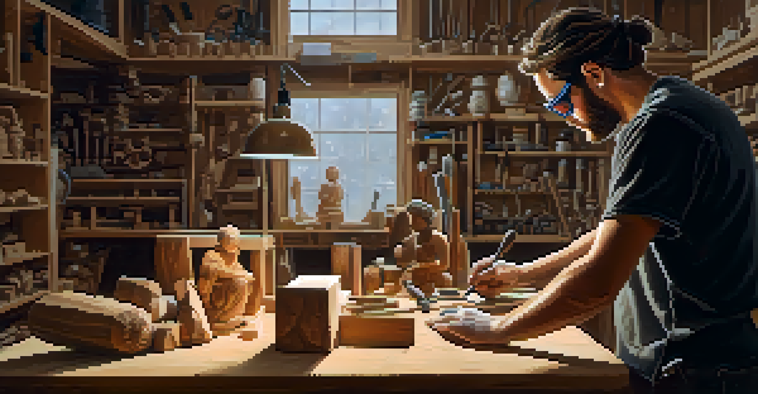 An artist using a rotary tool to carve a wooden sculpture in a cozy workshop filled with tools and wood materials.